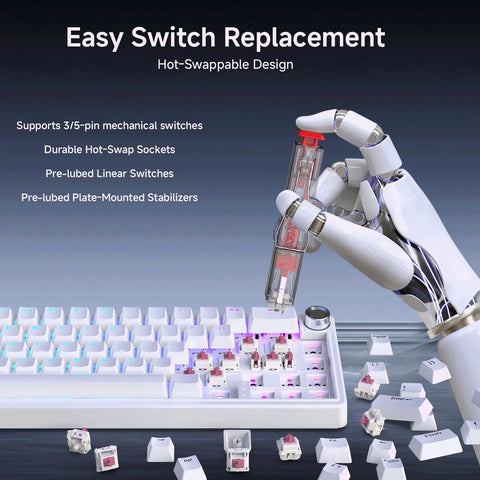 Slick 60 Percent Wired Mechanical Gaming Keyboard With RGB Backlight And Hot Swappable Gasket Mount Featuring Pre Lubed Linear Blueberry Switches And Aluminum Volume Knob For A Top Shelf Typing Setup In Clean White, showcasing easy switch replacement with a robotic hand.