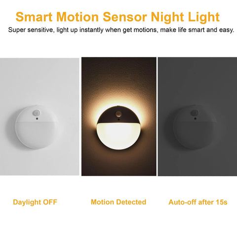 Two Pack Motion Sensor Night Lights For Indoor Use 2.6 Inch Stick On LED Lights For Stairs Bathroom Hallway Bedroom Kids Soft Warm White Dimmable 3 Light Modes Battery Powered Travel Friendly