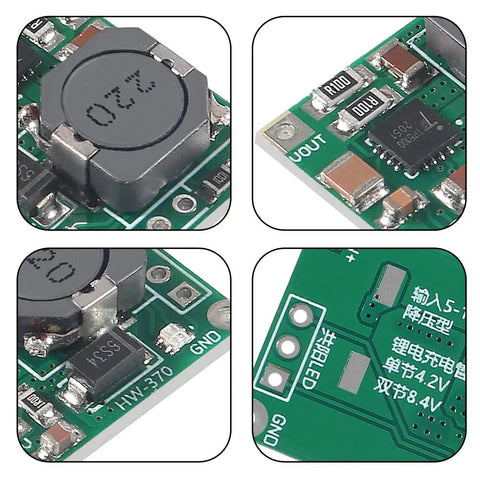 Close-up views of Six Pack TP5100 Battery Charger Module for Dual Lithium Cells 4.2V 8.4V with circuit components and labels.