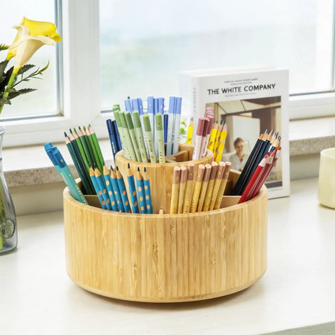 Large Bamboo 360 Degree Rotating Pencil Holder Desk Organizer With 11 Compartments For Pens Markers And Tools Smooth Spin