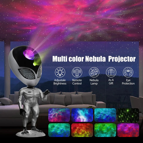 Talking Night Light Star Projector Galaxy Projector For Bedroom With Aliens Repeat Function 8 Color Sleep Light shown in use