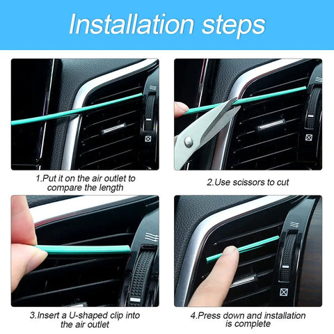 Installation steps for 20 Piece Bendable Car Air Vent Decoration Strips, cutting and fitting red trim in air vent.
