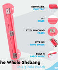 Pink portable 3 hole punch with built in 10 inch ruler, removable chip tray, for school, office, scrapbooks, and card making