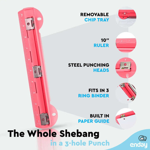 Pink portable 3 hole punch with built in 10 inch ruler, removable chip tray, for school, office, scrapbooks, and card making