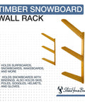 Premium Heavy Duty Solid American Oak Snowboard Wall Rack Holds Three Boards Securely with Extra Stash Zone for Helmets Goggles and Ski Poles for Your Garage or Man Cave Flex Display