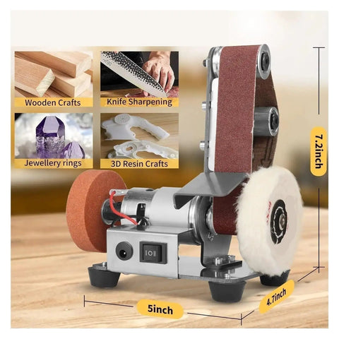 Mini Electric Belt Sander With Variable Speed Control And Grinding Wheel For Woodworking Acrylic Polishing Compact Desktop Machine for crafts.