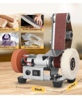 Mini Electric Belt Sander Machine With Variable Speed Control And Grinding Wheel For Precision Sanding Polishing Of Wood Acrylic And Metal Desktop Compact Power Tool showcasing dimensions and features.