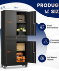 Heavy Duty Metal Garage Storage Cabinet With Locking Doors And Adjustable Shelves 73 Inch Rolling Tool Cabinet With Four Wheels And One Drawer For Garage And Warehouse Black, showing interior storage with items