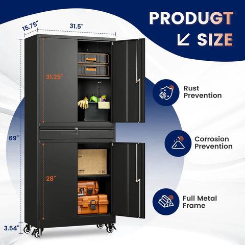 Heavy Duty Metal Garage Storage Cabinet With Locking Doors And Adjustable Shelves 73 Inch Rolling Tool Cabinet With Four Wheels And One Drawer For Garage And Warehouse Black, showing interior storage with items