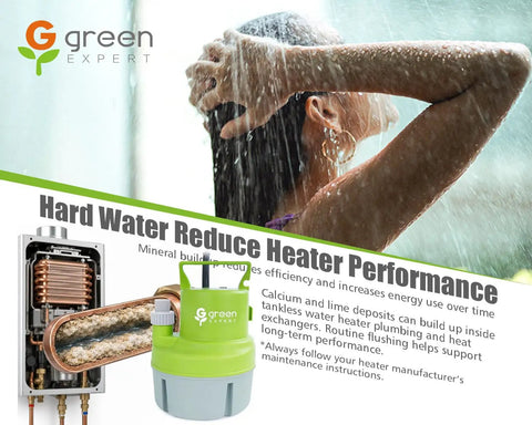 Heavy-Duty Tankless Water Heater Flushing Kit With Powerful Circulation Pump And Durable Stainless Steel Hoses For Hassle-Free Descaling and Tough Mineral Buildup Removal Includes A Robust 3-Gallon Bucket And Essential Gear For Annual Maintenance in use, showing mineral buildup.
