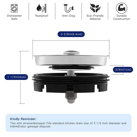 All In One Kitchen Sink Strainer And Stopper For Standard 3.5 Inch Drain Fits Garbage Disposal Durable 304 Stainless Steel combo