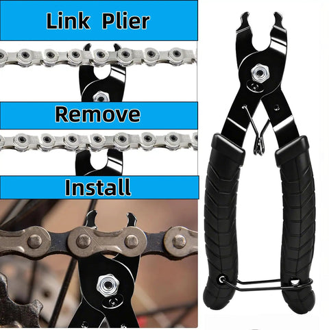 All In One Bike Chain Repair Kit With Chain Breaker Master Link Pliers Wear Checker And Storage Pouch showing link pliers removing chain
