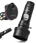 2 Inch Five Position Filter Wheel Bundle With Next Gen Laser Collimator And 1.25 Inch Adapter For Newtonian Telescopes Quick Precise Alignment Of Standard 1.25 And 2 Inch Filters showing a filter wheel with filters and collimator.