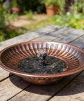 12.3 Inch Solar Fountain Bird Bath For Outdoors Copper Finish, Metal Bird Bath Bubbler For Garden Patio Decor on wooden table
