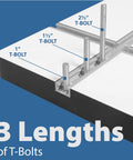 Three different lengths of T-Bolts displayed in T track; part of the 46 Piece T Track Bolts And Knobs Kit With 1/4-20 Bolts And Threaded Knobs.