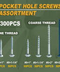 Pocket Hole Screws Kit 300 Pieces, 6 Size Assortment With Coarse And Fine Thread shown in various sizes