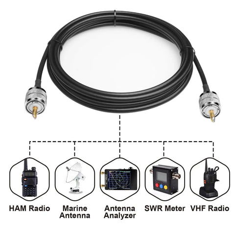 RG58 Coax Cable 3Foot PL259 Male To Male UHF Antenna Wire for CB Radio Rig with brass connectors and radios illustration