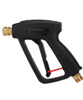 Side view of Short Pressure Washer Gun 3600 Max PSI With M22 Connector For Gas And Electric Washers with brass fittings.