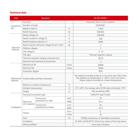 Technical data sheet for 63 Amp Two Pole DIN Rail Mount AC Circuit Breaker With Thermal Magnetic Trip 120V 240V Curve C