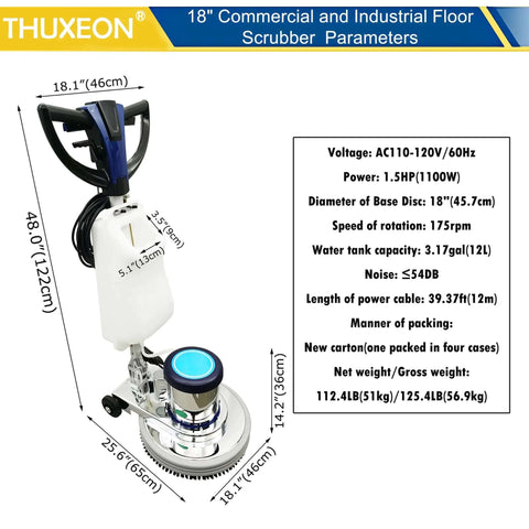 18 Inch Commercial Floor Scrubber Buffer Built Tough Polisher With 1100W Motor And 12L Tank for cleaning hotel floors.