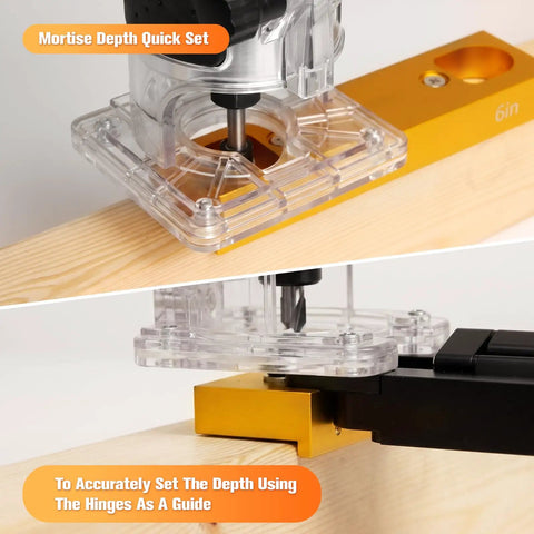 Premium Hidden Door Hinge Jig Kit And Concealed Hinge Installation Template For Murphy Doors and Secret Entrances at work, showing mortise depth adjustment.