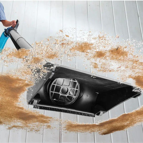 4 Inch Quick Change Floor Sweep Kit for Dust Collection with Quick Change Handle shown sweeping dust into a collector