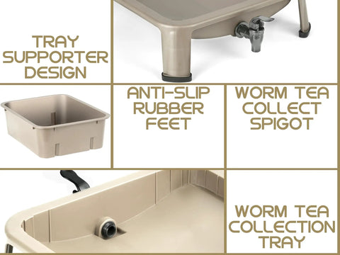 Five Tray Worm Compost Bin 53 Quart Vermicompost System showing tray supporter, anti-slip feet, and worm tea spigot details.