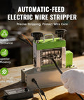 Automatic Electric Wire Stripping Machine For Leftover Cable Recycling With 6 Channel 5 Blade System And 35W All Copper Motor Fast Insulation Removal Up To Nineteen Feet Per Minute Pro Grade Durable Easy Setup in use on a workbench with a worker's hand guiding a cable.