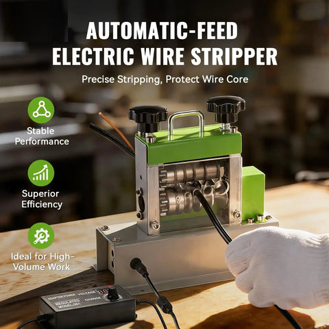 Automatic Electric Wire Stripping Machine For Leftover Cable Recycling With 6 Channel 5 Blade System And 35W All Copper Motor Fast Insulation Removal Up To Nineteen Feet Per Minute Pro Grade Durable Easy Setup in use on a workbench with a worker's hand guiding a cable.