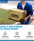 Person delivering KarSpareHub package labeled 'safely delivered to your door' highlighting timeliness, warranty, and packaging