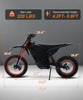 Side view of Teens Electric Dirt Bike 2000W Peak Power Off Road Monster With 48V 20Ah Lithium Battery, showing dimensions and black frame.