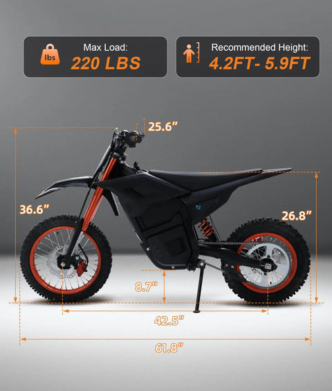 Side view of Teens Electric Dirt Bike 2000W Peak Power Off Road Monster With 48V 20Ah Lithium Battery, showing dimensions and black frame.