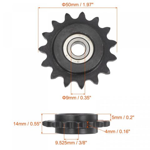 Top Shelf 3/8 Pitch 35 Chain Idler Sprocket With Single Bearing For ISO 06C Roller Chains 15 Tooth Tensioner 9mm Bore dimensions and design.