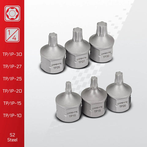 Stubby Low Profile Torx Plus Socket Set, 12-Piece, Dual Drive showing sockets TP10 to TP30 in S2 steel for tight spaces.