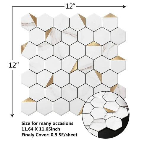 Hexagon Peel and Stick Metal Backsplash Tiles Kit, 12x12 Aluminum Mosaic, golden finish detail, showing self adhesive sheets