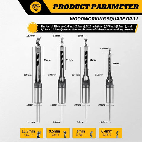 Kickin Square Hole Drill Bit Set With Universal Chuck Adapter sizes 1/4 to 1/2 inch for precise woodworking projects.