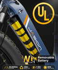 Close-up of electric bike's removable battery system with UL mark, part of Electric Fat Tire Bike For Adults With 1800W Peak Motor 26 By 4 Inch Fat Tires 80 Mile Range 864Wh Removable Battery Top Speed Over 30 MPH Hydraulic Brakes Front Suspension All Terrain Beast Ready For Trails And Daily Commute.