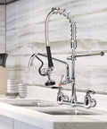 Heavy Duty Pre Rinse Hose With Spray Valve 44 Inch Flexible Stainless Steel Hose And Sprayer Nozzle Head Replacement Kit For Commercial Kitchen Sinks Includes Brass Adapter For Easy Swivel Spout Connection installed on kitchen sink with marble tiles background.