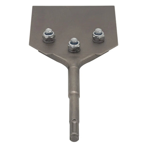 Close-up of Rugged 4 Inch SDS Plus Floor Scraper Tool For Removing Thinset And Adhesives. Fits SDS Plus rotary hammers.
