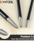Heavy Duty Rolling Head Indexing Pry Bar Set Three Piece Carbon Steel Kit With Adjustable Leverage Hooks And Pointed Tips close-up of pointed tips for precise alignment in auto body work.
