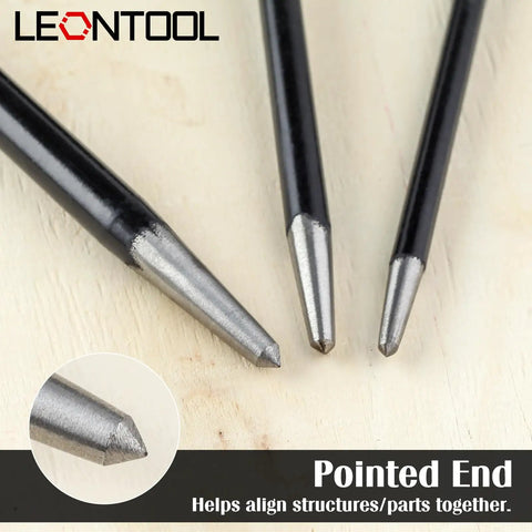 Heavy Duty Rolling Head Indexing Pry Bar Set Three Piece Carbon Steel Kit With Adjustable Leverage Hooks And Pointed Tips close-up of pointed tips for precise alignment in auto body work.