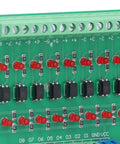 Close-up of Optical Isolation Module 8 Channel Optocoupler PLC Signal Converter Board with red components and connectors.