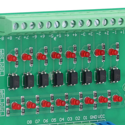 Close-up of Optical Isolation Module 8 Channel Optocoupler PLC Signal Converter Board with red components and connectors.