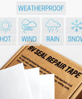 RV Roof Sealant Tape 2 Inch By 50 Feet White Waterproof Leak Patch shown with weatherproof icons and packaging