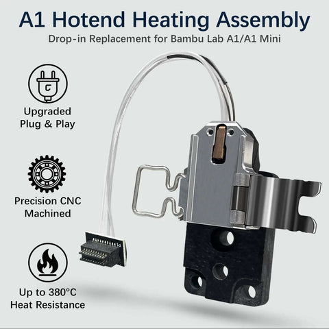 Plug And Play Hotend Heating Assembly Kit For A1 Mini And A1 Series 3D Printer with upgraded connector, heating block, thermistor.