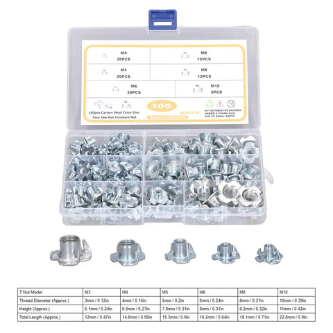 Extensive T Nut Assortment Kit With 105Pcs Galvanized Carbon Steel Tee Nuts M10 Pronged Threaded Inserts in plastic case