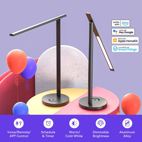 Sleek Metal Smart LED Desk Lamp With WiFi And Voice Control HomeKit Alexa And Google Home Compatibility on display with features icons