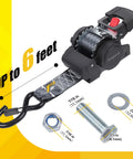 Beefy Heavy Duty Retractable Ratchet Strap Set 2 Inch By 6 Feet with bolt-on accessories showing dimensions, black and yellow design.