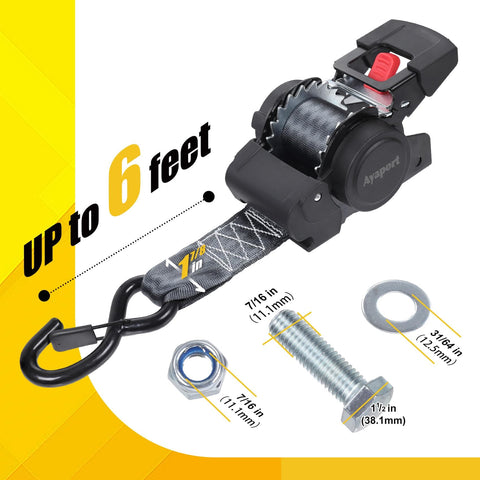 Beefy Heavy Duty Retractable Ratchet Strap Set 2 Inch By 6 Feet with bolt-on accessories showing dimensions, black and yellow design.