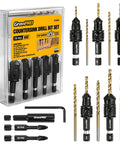 14 Piece Countersink Drill Bit Set With HSS Titanium Coated Bits For Woodworking shown in packaging and individual bits